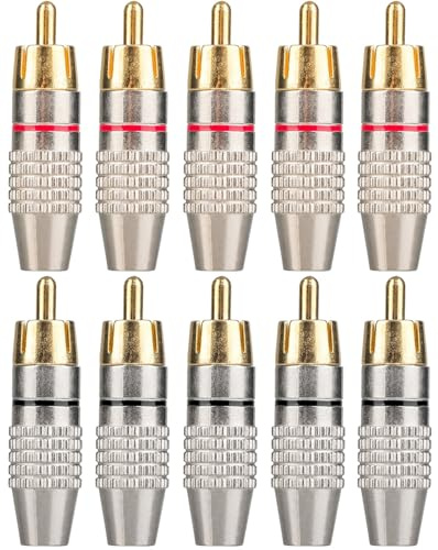 Elechood 10Pack RCA Male Plug Solder, Gold Audio Video Cable Adapter Connector for Speaker Wire Wall Plate Home Theater Audio Video Receiver Amplifiers and Sound Systems