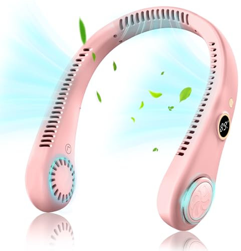 Ventilador de Cuello, Ventilador Portátil de Cuello, USB Portatil Pequeño Ventilador Cuello,Mini Ventilador de Cuello Colgante Sin Hojas con 5 Velocidades para Viajes Deporte Oficina Hogar (Rosa)