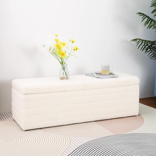 LEUTED Sitzhocker mit Stauraum, Moderner Sitzbank Schlafzimmer Aufbewahrungsbox Teddystoff Fußbank Sitztruhe 118cm, Beige