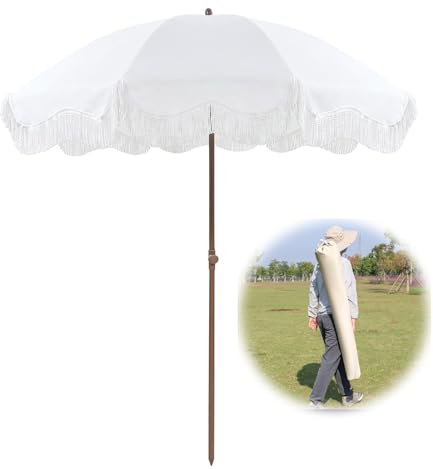 Elyrthriumc 200cm Sombrilla De Playa Blanco Sombrilla Hawaiana Con Borlas Sombrilla De Jardín Impermeable Sombrilla Terraza De Jardín Anti UV Parasol De Terraza Plegable Para Patio Balcón Piscina