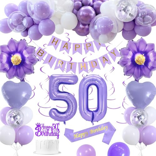 Decorazioni Compleanno 50 anni, Decorazioni 50 anni Compleanno Viola per donna Palloncini Macaron Viola Bianco Banner HAPPY BIRTHDAY Palloncini Numero 50 Palloncini Cuore Decorazione per Torta