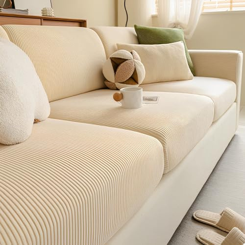 ENGFGH Rutschfester Sofa-Sitzkissenbezug – hochelastischer Sitzbezug, weicher Sofabezug, Cord-Sitzkissen, Rückenlehnen-Schutzbezug, Reine Farbe(Beige,65-85cm x 85-135cm)
