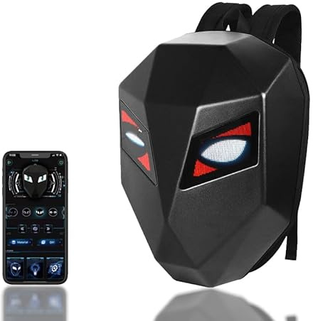 Yunir Programmierbarer Motorrad-Rucksack, Laptop-Tasche, LED-DIY-Motorrad-Gepäcktaschen, Wasserdichter, Kühler Reitrucksack aus Hartschale mit LED-Augen, für Fahrten Im Freien