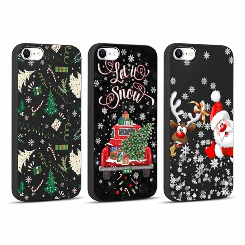 Coalbooliy 3 Stück Weihnachten Hülle für iPhone 7/8/iPhone SE 2022/2020 Handyhülle 4,7”, Aesthetic Cartoon Christmas Muster Design Schwarz Silikon Case Weich TPU Stoßfeste Schutzhülle Cover, Baum REH