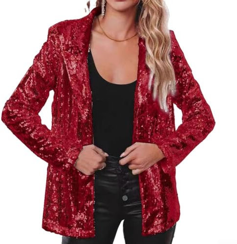 babominimer Blazer con paillettes scintillanti, giacca con paillettes da donna, giacca da donna aperta sul davanti con paillettes, giacca da festa con risvolto lucido (XXXL viola)