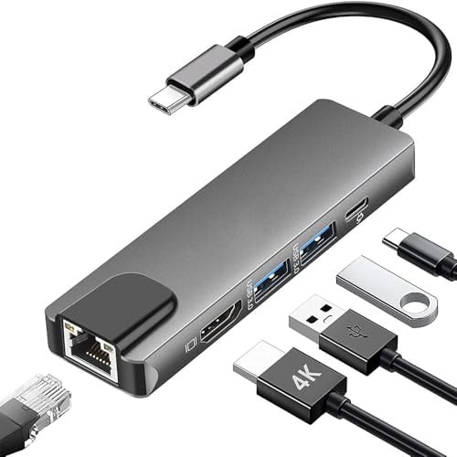 5 in 1 USB C Ethernet Multiport Adapter für MacBook, USB C Hub auf 4K@1,701.0 g HDMI Splitter mit 2 USB 3.0 1 PD Dock Dongle, kompatibel mit MacBook Pro Air/Chromebook/Dell XPS/HP/Matebook