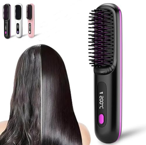 Bellabrush Pro Brush, Cordless Hair Straightener Comb, Heated Hair Brush, Lonic Portable, Even Heating, 3 Temperature Settings, Long Battery Life, Suitable for All Hair Types (Black)