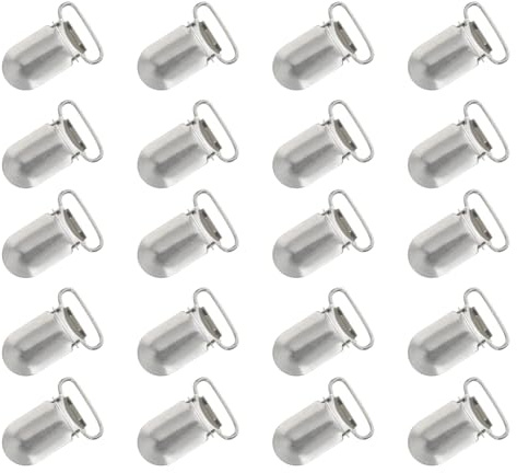 Metallene Hosenträgerclips 20 Stück 20mm mit Einlage aus Eisen | Silberfarbene Oberfläche, Sicherer Halt für Bastelprojekte, Geeignet für Babyzubehör und Decken