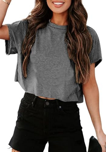 Tankaneo Crop Tops Damen Oversize Sport Oberteile Cropped Shirts Rundhals Loose Bauchfrei Sommertop Kurz T-Shirts.Grau.L