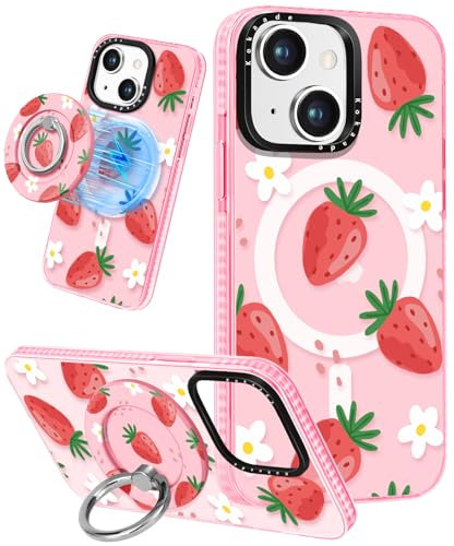 Kokaade for iPhone 14 Case for Women Girls - Compatible with Magsafe for 360° Rotatable Magnetic Ring Holder Stand Cute Kawaii Girly Strawberry Flower Design for iPhone 14 Phone Case