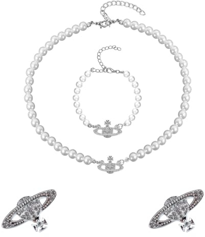 Orivin 3 Stück Halsketten, Armbänder und Ohrstecker mit Saturn-Planeten, Damen-Accessoires, mit Anhängerperlen als Geschenk für Ehefrau, Freundin, Mutter und Tochter