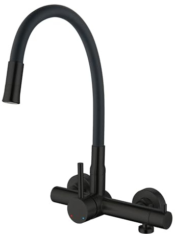 BAITUJIE Wandarmatur Küche mit 3/4 Zoll Anschluss für Geschirrspüler/Waschmaschine, Küchenarmatur Wandmontage mit 360° Flexibler Auslauf , Armatur Wand Mischbatterie mit 2 Strahlarten, Schwarz Matt