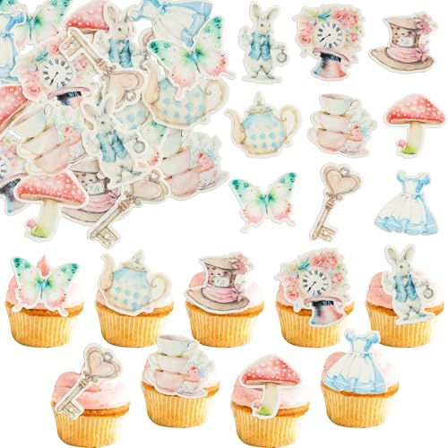 Gyufise 63Pcs Edible Alice Wonderland Cupcake Toppers Tea Party Cake Decorations Edible Butterfly Flower Bowl Key Clock Eat Me Cupcake Picks for Tea Party Baby Shower Birthday Party Supplies Pink