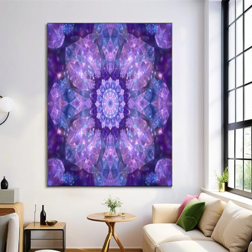 Kristall-Mandala Wanddeko Leinwand Malerei Poster 80X120Cm Bilder Fantasie-Geometrie Bilderwand Moderne Violett Aesthetic Wandkunst Bild Wohnkultur Wandbilder, Ohne Bilderrahmen