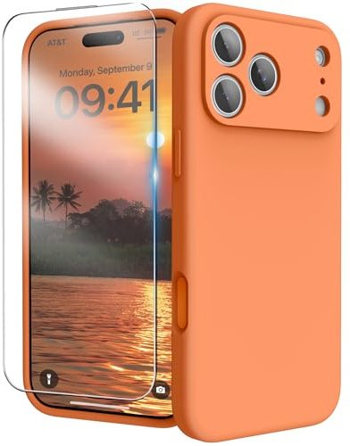 INGIDO für iPhone 17 Pro Silikon Hülle mit Schutzfolie - Orange | 6,3 Zoll Flüssigsilikon Hülle Upgraded Kameraschutz Soft Mikrofaserfutter Handyhülle Schutz Case