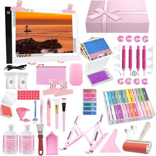 DNSGOOR 150Pcs Diamond Painting Accessoires,Boîte Diamond Painting Rangement, A4 LED Diamant Dimmable Light Pad Artisanat Diamond Pen Correction Craft Boîte de Rangement