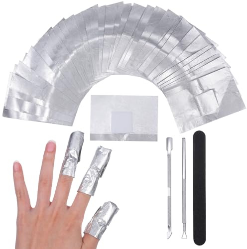 TIESOME 200 Stück Nail Polish Remover Wraps Pads, Aluminiumfolie Nagellack Remover Pads mit Nagelhaut Schieber Nagelfeile Aluminiumfolie Fusselfreien Wattepads Hilfsmittel Zum Entfernen Von Nagellack