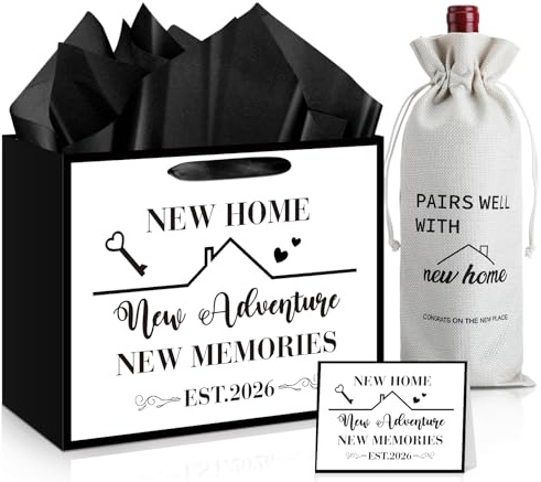 New Home Wine Gifts Bag and Housewarming Gifts Bag Set 11.8'' White Home Sweet 2026 House Homeowner Wrapping Gift Bag with Tissue Paper Card New Adventure Present Wine Bottle Wrap Bag for Men Women