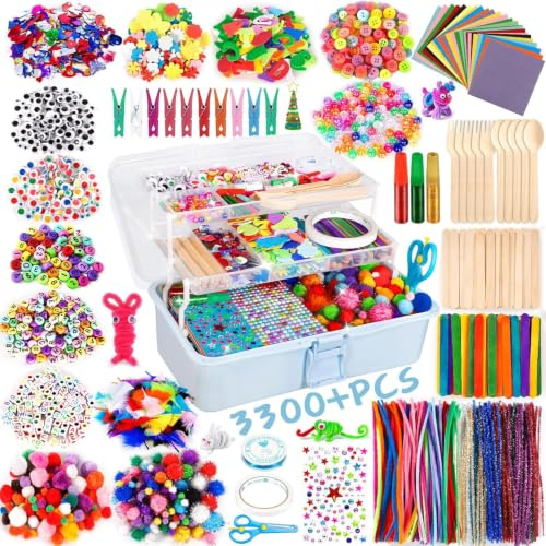 Purpledi 3300+ Stück Bastelsets für Kinder Bastelmaterial in Bastelkoffer, DIY Bastelzubehör Bastelbedarf Material Set, Basteln Geschenk für Geburtstag,Weihnachten ab 3 4 5 6 Jahre (A)