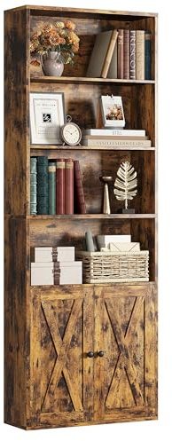 IRONCK Bücherregal mit Türen, Schrank Regal Brau Holz mit 6 Ebenen, Modern