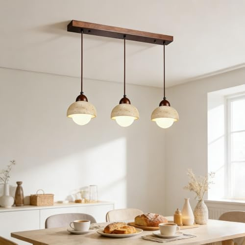 TMKOO Wabi Sabi 3 Licht Pendelleuchte Travertin Stein Japandi Nordischer Stil Gelber Naturstein Schirm Holz G9 Lampe Verstellbare Schlinge Für Kücheninsel Esszimmer Wohnzimmer Schlafzimmer(Long)