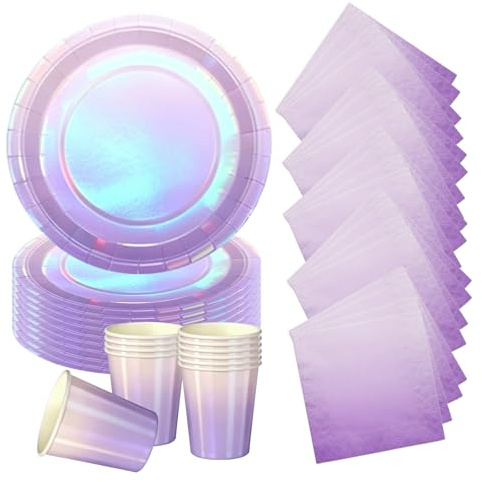 60P Colorful Laser Foil Party Paper Tableware Set,Purple Sparkling Party 20 Paper Plates 20 Napkins 20 Cups for Birthday,Colorful Dinner Plates Luncheon Napkins Paper Cups for Baby Shower Wedding Deco