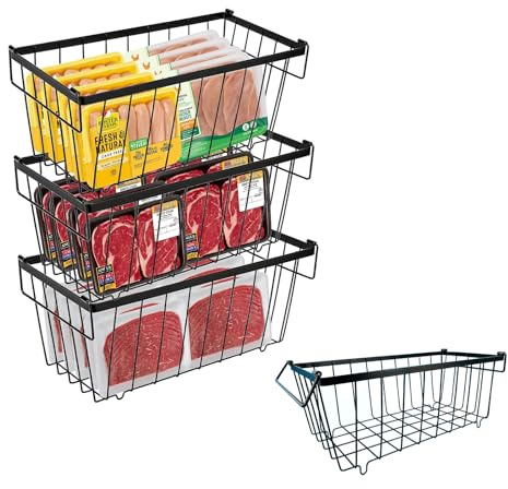Freezer Storage Boxes 4 Pack, Chest Freezer Baskets Stackable Organiser Bin | Foldable Handles, Metal Wire Deep Freezer Storage Containers, Improves Air Circulation, for Food Organisation