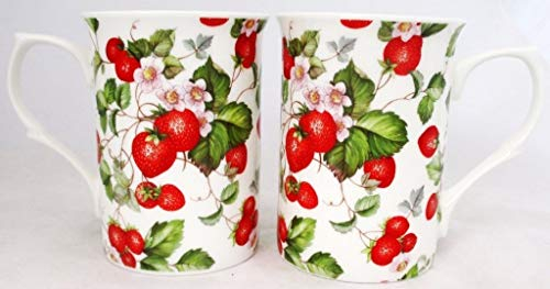 fromeuropewithlove Lot de 2 tasses en porcelaine fine décorée à la main au Royaume-Uni Motif fraises