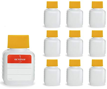 Octopus 10 x 50 ml plastic bottles, HDPE plastic bottles with yellow screw caps, empty bottles with yellow screw caps, square bottles incl. 10 labels