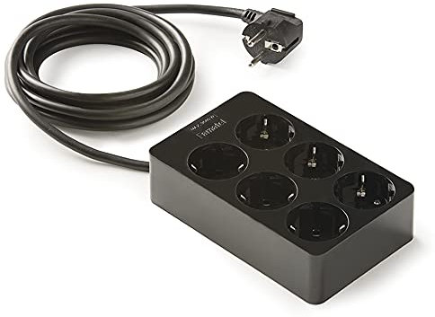 FAMATEL Bloc multiprise 6 prises | Structure carrée | Câble de 1,5 m | Jusqu'à 3680 W | 16 A | 250 V | Protection de l'enfance | Orientation des prises à 45 ° | Empêche la consommation fantôme | Noir