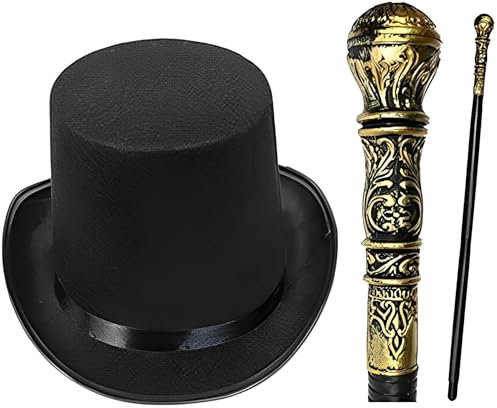 GCC Fashion Store - Ensemble comprenant un chapeau haut de gamme et une canne - Pour adulte et enfant - Style victorien - Noir