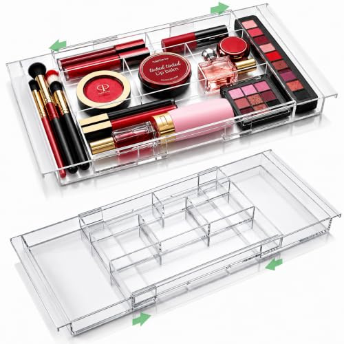 Expandable Drawer Organizer - Customizable Makeup Vanity Organizing Storage Tray for Bathroom, Bedroom and Desk Drawers - Clear Plastic Cosmetics Organizers with Expanding Compartments (Set of 2)