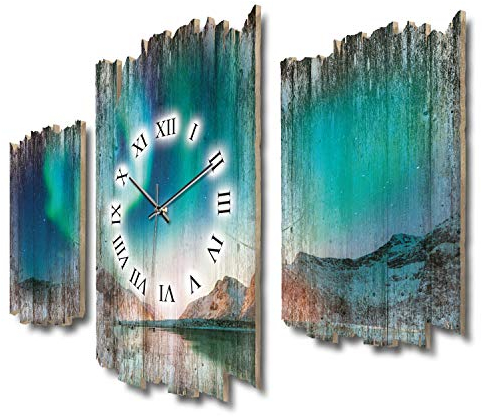 Kreative Feder Dreiteilige Designer-Wanduhr Polarlicht Nordlichter Shabby-Chic Landhaus-Stil leise kein Ticken 95x60cm aus Holz (Nordlichter, leises Funkuhrwerk)