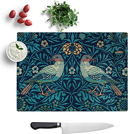 Glass Chopping Board - Flowers and Birds Pattern by William Morris - Textured Worktop Saver Cutting Board - Heat Resistant, Shatterproof and Hygenic - 39 x 28.5 cm