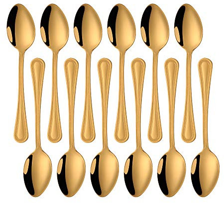 Meisha Edelstahl Besteck Bead Teelöffel, Spiegel Finish & Modernes Design mit Wellenkante, Set von 12 - Mattgold