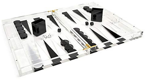 TIZO Elegantes 45,7 cm Lucite Backgammon-Set, Lucite Chips & Cups mit Magnetverschluss, elegante und praktische Boutique-Qualität, Heimdekoration, transparent, schwarz & weiß