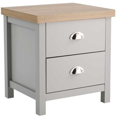 Home Source Bedside Table Nightstand, 2 Drawer, Oak Effect Grey Lamp Side Table