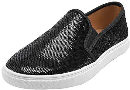 FEVERSOLE Dammode gnistrande paljett utsmyckad sneaker fest semester vardagsskor, Svart paljett, 38.5 EU