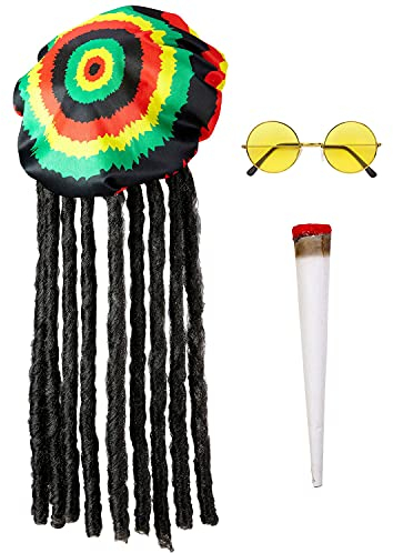 W WIDMANN MILANO Party Fashion 68542 - Kostümset Rastamann, Mütze mit Dreadlocks, Brille und Joint, Jamaika, Motto-Party, Karneval