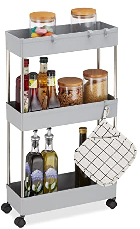 Relaxdays Nischenwagen, Kunststoff, HBT: 70 x 15,5 x 40,5 cm, schmales Nischenregal Bad & Küche, 4 Haken, 3 Fächer, grau