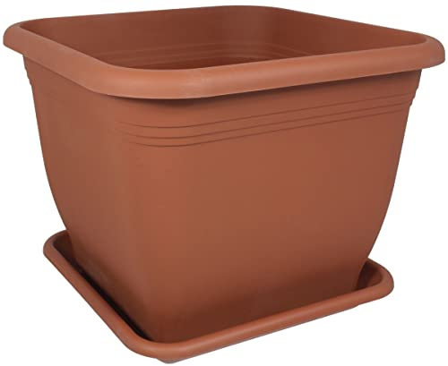 MePla Pot de fleurs carré 40 x 40 cm + soucoupe 34 x 34 cm, terre cuite, résistant aux intempéries, en plastique résistant aux UV