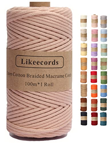 Likeecords Makramee Garn Geflochten 3mm x 100m,100% Natürliches Baumwollschnur Makramee-Schnur, Makramee-Seil, Bunte Bastelkordel aus Baumwolle für Taschen, Wandbehänge (fleischig rosa)