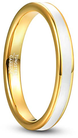 Corato 3mm Wolfram Ring Gold Eheringe mit Weißer Emaille für Damen Dünn Partnerringe Flache Kanten Größe 57