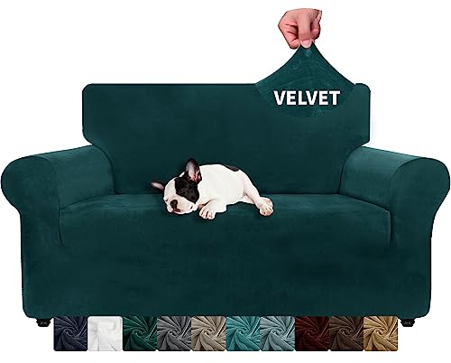 XINEAGE 1 Piece Velvet Couch Covers for 2 Cushion Couch High Stretch Loveseat Slipcover for Pets Dogs Anti Slip Love Seat Sofa Slipcover Furniture Protector (2 Seater, Blackish Green)
