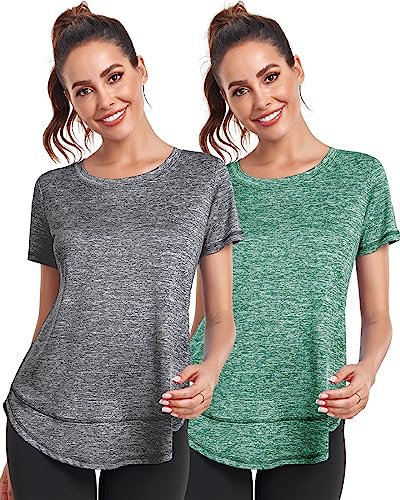 Deaviya Women's Sports T-Shirt Gym Tops, Short Sleeve Workout Casual Running Tops, Ladies Gym Yoga Sports Top, Crew Neck Fitness T-Shirts for Women, Loose Side Split Tee,Grey+Green XL