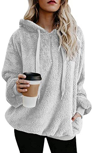 Hormtaer Womens Fleece Hoodie Oversized Jacket Casual Jumper Loose Long Sleeve Coat Winter Sweatshirt Warm Fuzzy Fluffy Zip Tops Pullover with Pockets (Grey1, L)