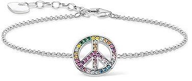Thomas Sabo Damen Armband mit Peace-Zeichen und bunten Steinen Silber geschwärzt, 925er Sterlingsilber mit Peace-Zeichen, Länge: 19 cm, A2071-318-7-L19V