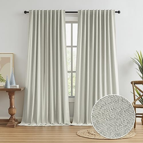 KEQIAOSUOCAI Linen Blackout Farmhouse Curtain Panels for Living Room Track System, Back Tab Loop Pocket Pleated Floor to Ceiling Drapes for Patio Door, 2 Pieces, 72x96, Greyish Beige