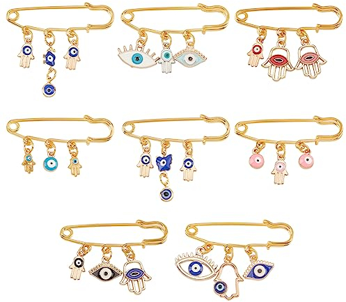 BENECREAT 8PCS 8 Styles Broche Mauvais Œil, Broche Épingle à Nourrice en Émail Mauvais Œil avec Main Hansa en Alliage Doré, Pendentif Papillon et Œil Oblique pour Badges de Vêtements
