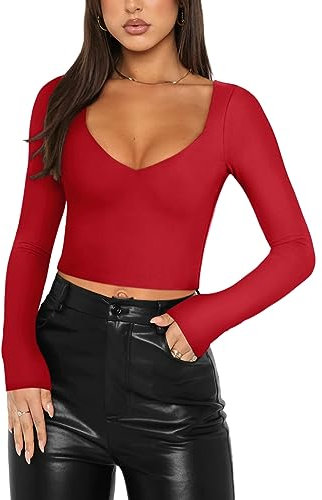 REORIA Women's Sexy Trendy V Neck Long Sleeve Slim Fitted Tshirts Fall Going Out Party Causal Basic Y2k Crop Tops Red Large